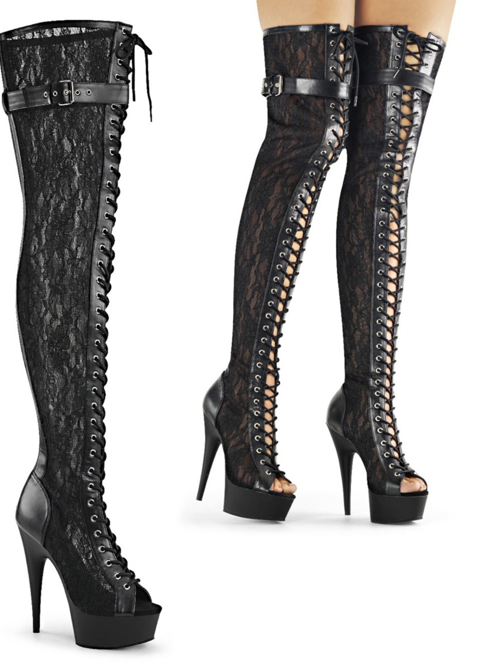 PLEASER DELIGHT Women's 6" Heel Platform Peep Toe Lace-Up Thigh Boots